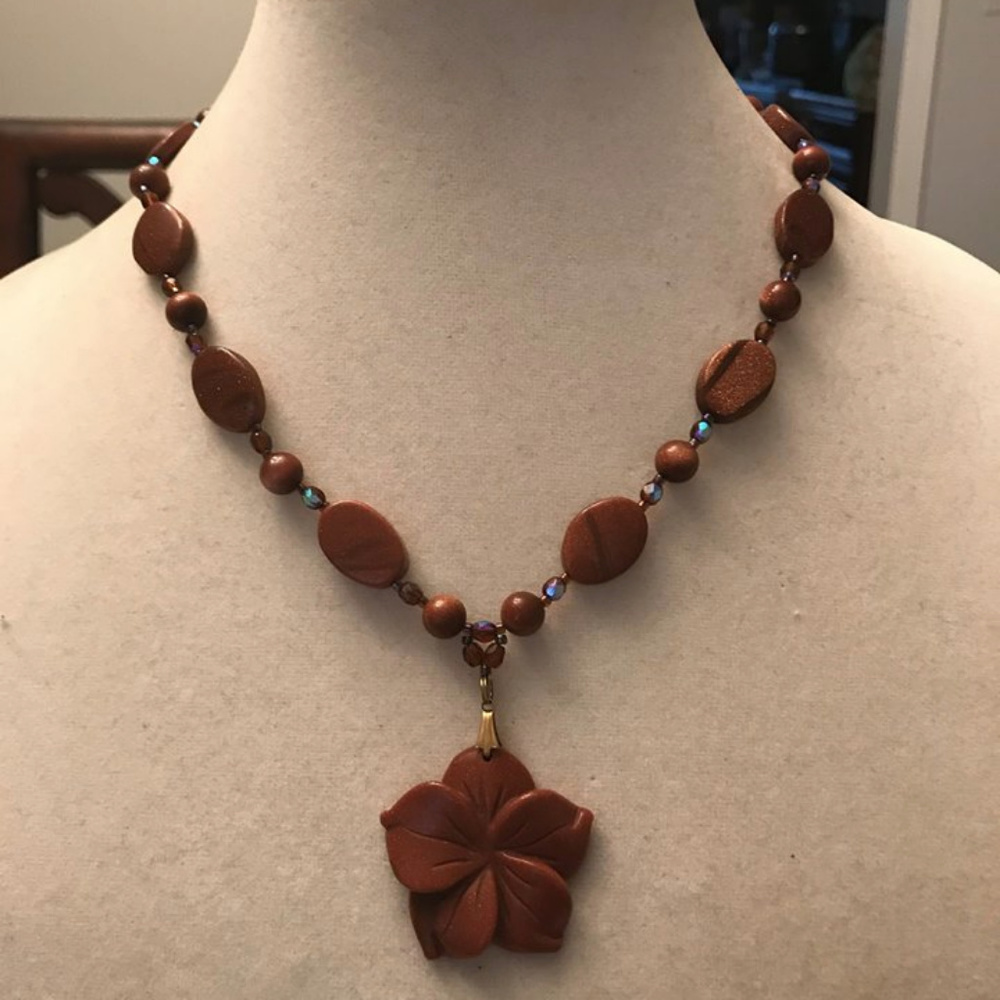Gold Stone & Crystal Flower Necklace-New-handmade